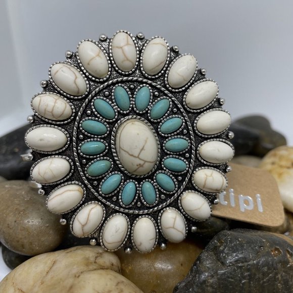 Southwest Turquoise White Buffalo large concho stone silver cuff bracelet Oval - Picture 1 of 9